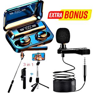 TWS F9-5C Bluetooth Wireless Earbuds // Lapel Microphone // 3 in 1 Selfie Stick 