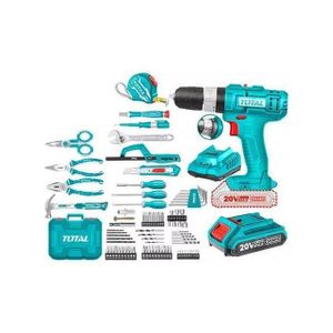 TOTAL Heavy Duty 165-Piece Tool Set With 20V Cordless Impact Drill, Battery & Charger - Complete Home Repair & DIY Kit With Screwdrivers, Wrenches, Pliers, Drill Bits & More - GREEN
