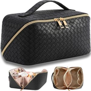 Travel Cosmetic Bag, Multifunctional Waterproof Leather Makeup Bags, Portable Makeup Organizer Bag with Dividers Lay Flat Make Up Bag