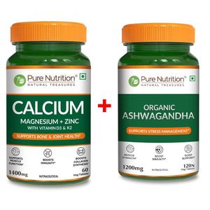Pure Nutrition Calcium, Magnesium,Zinc With D3&K2 60 Tablets + Ashagwandha 120 Tabs