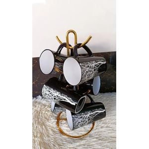 6-Piece Ceramic Coffee Mug Set with Metal Stand – Modern Tea Cups Set with Holder Rack for Home, Office, Kitchen Beverage Serving