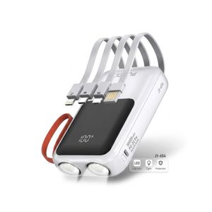 Punex JY-604 10000mAh Fast Charging Polymer Power Bank – 22.5W PD, Digital LED Display, 4 Built-in Cables & Dual LED FlashlightWhite