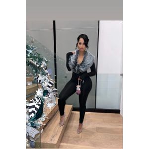 Premium Feather Trim Long-Sleeve Bodycon Jumpsuit