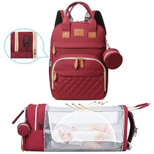 Foldable 3-in-1 Waterproof Diaper Bag Backpack/Mother And Baby Bag With USB Charging And Changing Bed-Red