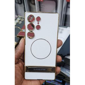 Samsung Galaxy S24 Ultra Magnetic Carbon Fiber Leather Stand Case Premium Luxury Protective Back Cover with Built-In Kickstand - White