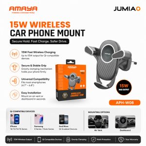 Amaya 15W Wireless Car Phone Mount Charger APH-W08 – Fast Qi Charging, Auto Gravity Clamp, Air Vent/Dashboard Holder for iPhone & Android (1 Year Warranty )