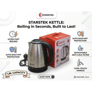 STARSTEK Stainless Steel 1.8Ltr Electric Kettle,1.5m Power Cord,1500W Fast Boil - Silver & Black