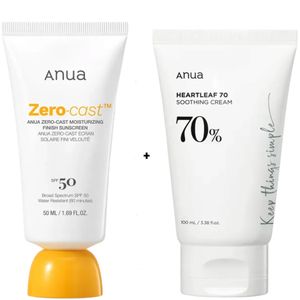 Anua Zero Cast Moisturizing Sunscreen SPF 50 + Heartleaf 70% Soothing Cream. Moisturizes, Shield your skin from harmful UV rays, Soothes the skin, Balances sebum, Glows,  Soothes & reduce redness & irritation, Treats acne, Firms, Smoothen & Evens.