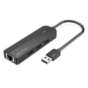 Vention 3-Port USB 2.0 Hub with LAN 0.15M, Black – USB Expansion Hub with RJ45 Ethernet Adapter for Laptop, PC & Network Connectivity