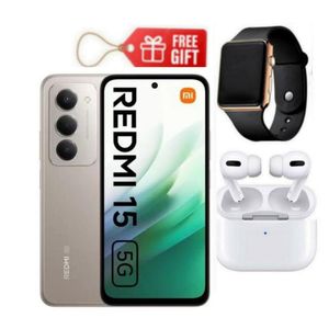 XIAOMI Redmi 15 6.9" Display, 8GB RAM + 256GB ROM, 4G (DUAL SIM) 50MP Camera, 7000mAh, Grey + Airpods   & Led Watch 
