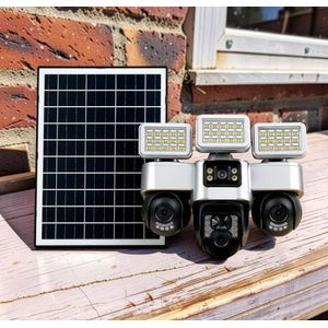 PTZ Pan Tilt Zoom Full Color Night Vision Weather Resistant Design 4G Triple Lens Solar Camera with Solar Flood Lights 
