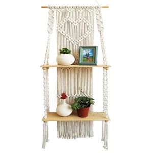 Wood 2layers Bohemian Flat Hanging Macrame Hangers Shelf  Decor Wall Decorations for Home