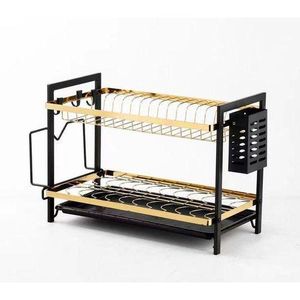High quality stainless steel dish rack Two tired rack for ample space and quick drying Compact design fits easily on kitchen counters Designed to hold cups, plates, and silverware