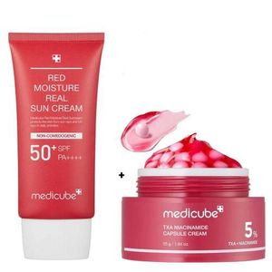 Medicube  TXA Niacinamide Capsule Cream with Alpha Arbutin + Red Moisture Real Sun Cream SPF 50+. Protects The Skin From Sunlight, Blocks UV Rays, Moisturizing, Glows, Brightens, Removes Dark Spots, Pigmentation, Freckles, Scars, Blemishes & Evens