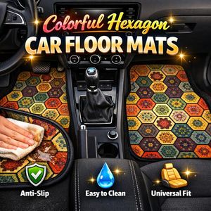 4 PCS Colourful Hexagon Patchwork Car Floor Mats – Premium Anti Slip, Easy Clean, Universal Fit Mat