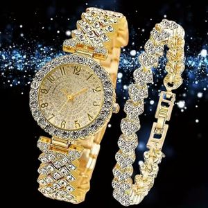 2pcs Elegant Rhinestone Watch Luxury Full Rhinestone Bracelet Quartz Watch