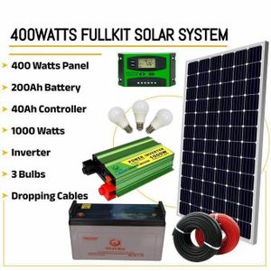 Solara 400 Watts Solar Panel Special All Weather Full kit + 200AH Battery + 1000Watts Solar Inverter + 40 Ah Charge Controller+5 bulbs + dropping cables+ Extension