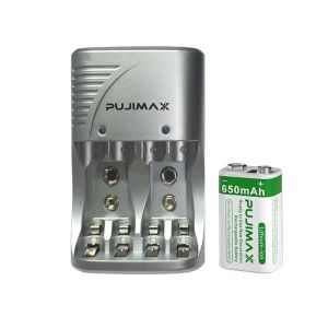 Pujimax High Performance Space Efficient AA AAA 9V Rechargeable Batteries Universal Fast Charging 4 Slot Battery Charger+FREE 9V 650Mah Rechargeable Lithium Ion Battery