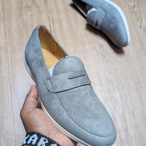 Men's Premium Stone Grey Suede Penny Loafers - Hybrid Athletic White Sole - Smart Casual Slip-On Moccasins - Lightweight Office & Wedding Shoes - Size 40-45