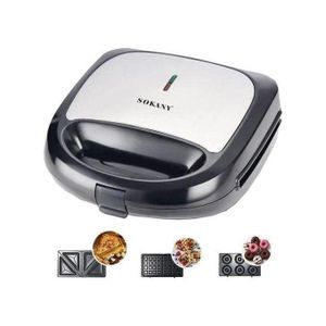 Sokany 3-in-1 Breakfast Maker. Sandwich Maker with non stick Removable Plates for Sandwiches, Waffles, donuts Mini Treats, Double-Sided Plates. 750W Power, silver/black 