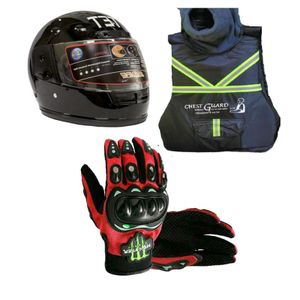 Motorcyclist 3-Piece Rider Safety Gear Set (Full Head Helmet, Chest Guard & Full Finger Gloves)