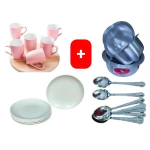 Sundabest Beautiful Classic Pink Ceramic Coffee/Tea Mug / Cups 6pc Set + FREE 4PCS Stainless Aluminum Sufuria Set, 12pc Table Spoons & 6pc Melamine Dinner Plates