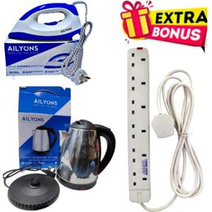 AILYONS High Efficiency Electric Iron Box with Energy Saving for Home and Office + Electric Kettle Boiler Jug & Home Best 6 Way Power Extension With Long Cable Socket