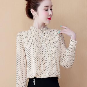 Women Fashion Long Sleeve Shirt Chiffon Purple White Polka Dot High Collar  Blouse Autumn Summer Top