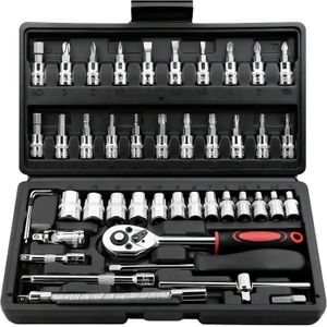 46PCS Car Drive Socket Ratchet Wrench Screwdriver Set, 1/4 Inch Metric Socket and Ratchet Wrench Set with Extension Bar, Upgrade Compact Tool Set for Car, household, motorcycle
