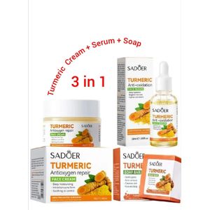 SADOER Nourishing 3 Packs Turmeric Soap Bar + Serum + Cream Skin Care for Shower, Smoothing and Cleanses Skin Face Wash Soap Face Serum, Face Wash Oily Skin Bar Soap for Face and Body 