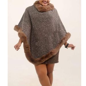 Velvet Warm Poncho O Neck- Brown