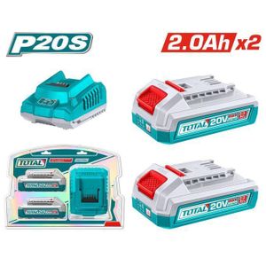 TOTAL  Battery and Charger Set 20V Lithium-Ion Battery Kit – 2pcs 2.0Ah Batteries + Fast Charger – For Cordless Tools