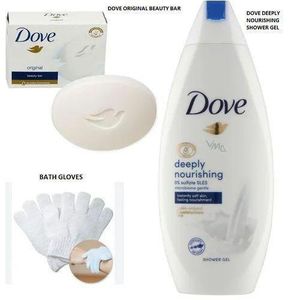 Dove Beauty Soap + Deeply Nourishing Shower Gel + Bath exfoliating Gloves (Color may differ) Set