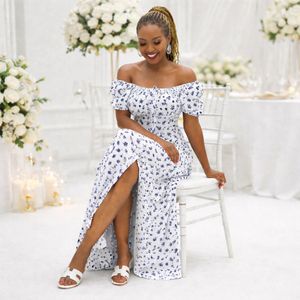 Floral Elagant & Stylish Ladies Summer & Sunny Maxi Dress with Puff Sleeves- White & Blue