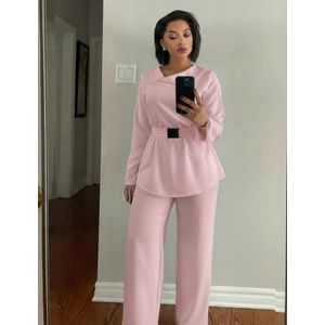 Ladies Elegant Two-Piece Pink Satin Matching Set – Top and Trouser
