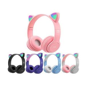 P47 Kids Wireless Bluetooth Cat Ear Headphones with LED Lights, Foldable, TF Card Support, Soft Cushion – For Boys & Girls