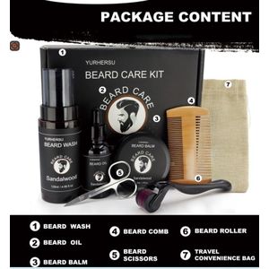 7-in-1 Beard Care Kit for Men – Beard Wash, Oil, Balm, Comb, Scissors, Roller & Travel Bag (Sandalwood)
