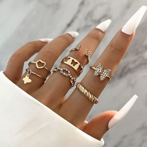 Rhinestone Butterfly Women Ring Set Gold Personality Pearl Hollow