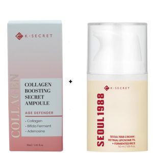 K-Secret Collagen Boosting Secret Ampoule Serum + SEOUL 1988 Face Cream with Retinal. Hydrates, Glows, Brightens, Removes Wrinkles, Pigmentation, Dark Spots, Fine Lines, Minimizes Pores, Smooth, Soften, Evens, Stimulate Collagen Production & Make skin radiant.
