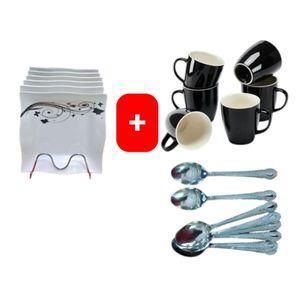 Melamine Square Dinner Plates – 6PCS Set with FREE Coffee/Tea Cup Mugs & 12PCS Table Spoons