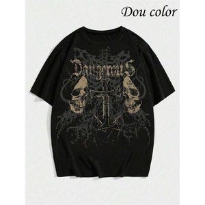 Dou-color Dou-color Men's Fashion Thick Skull Style Printed T-shirt - Black