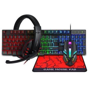 T-WOLF 4Pcs Gaming Combo 104 Keys Keyboard 4-color Breathing Light Mouse 3.5mm Gaming Headset Anti-slip Mouse Pad