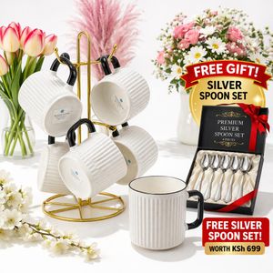 DEAL Japanese Set of 6 Ceramic Tea/Coffee Mugs with Stand Elegant Ribbed Design Cups for Home & Office + FREE GIFT INCLUDED Silver Spoon Set