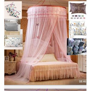 Pink Luxury FREE SIZE Queen Size Round Mosquito Net With Free Bed Pillow RANDOM PRINTS