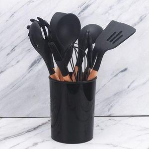 12pc Silicone Spoon Set Wooden Handle High Temperature Resistance Utensil Set