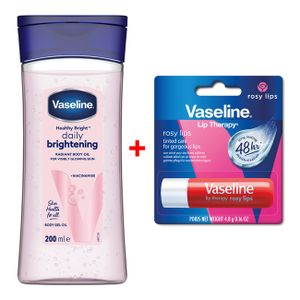 Vaseline Daily Brightening Body Oil 200ml +  Lip Stick Rosy Variant