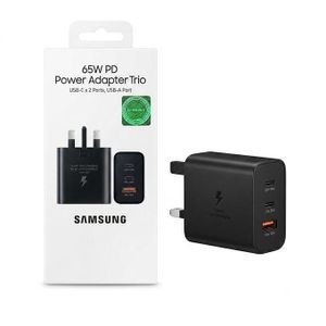 Samsung 3-in-1 Super Fast Charger Adapter 65W / 25W / 15W – USB-C & USB-A Ports for Laptops, Smartphones, Tablets – High-Speed Universal Power Adapter - Black