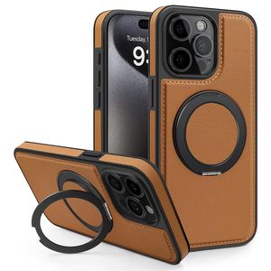 Brown PU Leather Case with Ring Kickstand Compatible with MagSafe, Magnetic Back Cover for iPhone 15 Pro Max