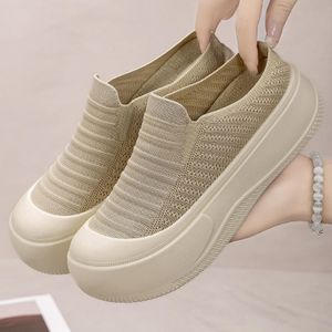 Ladies Casual Shoes Women's Platform Canvas Mules - Height Boost Soft Sole Casual Slip-Ons-Beige