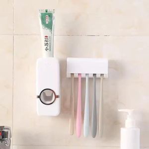 Touch Me Toothpaste Dispenser & 5Pcs Toothbrush Holder Wall Mounted Set - White